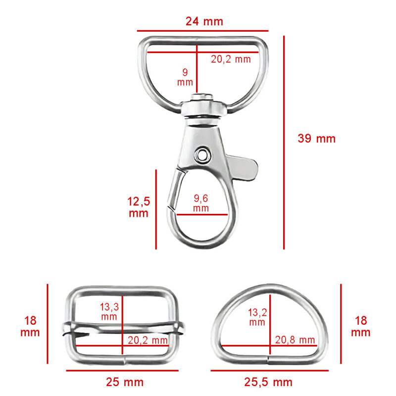 Karbinhake / Karbinlås, Reglerspänne, D-ring till Väskdetaljer för 20 mm brett band / rem.