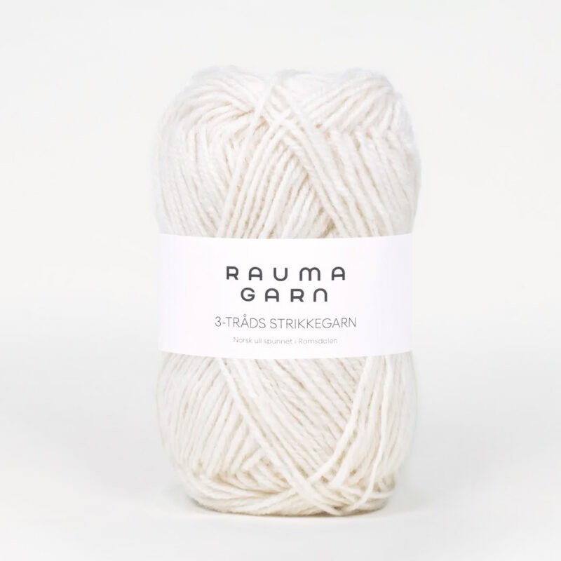 3-tråds Strikkegarn, ca 108 m - 100% norsk ull från Rauma - 001-0100 Vit