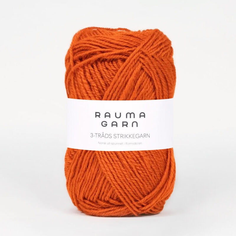 3-tråds Strikkegarn, ca 108 m - 100% norsk ull från Rauma - 001-0177 Mörk orange