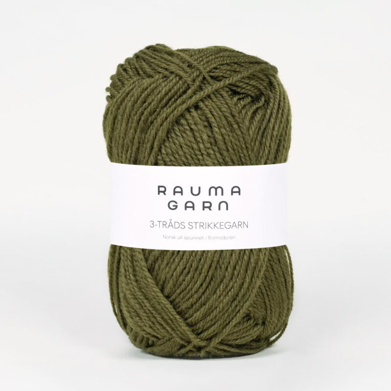 3-tråds Strikkegarn, ca 108 m - 100% norsk ull från Rauma - 001-0761 Mossgrön